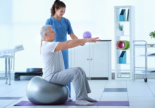 An elderly man sitting on an exercise ball in a physical therapy session.